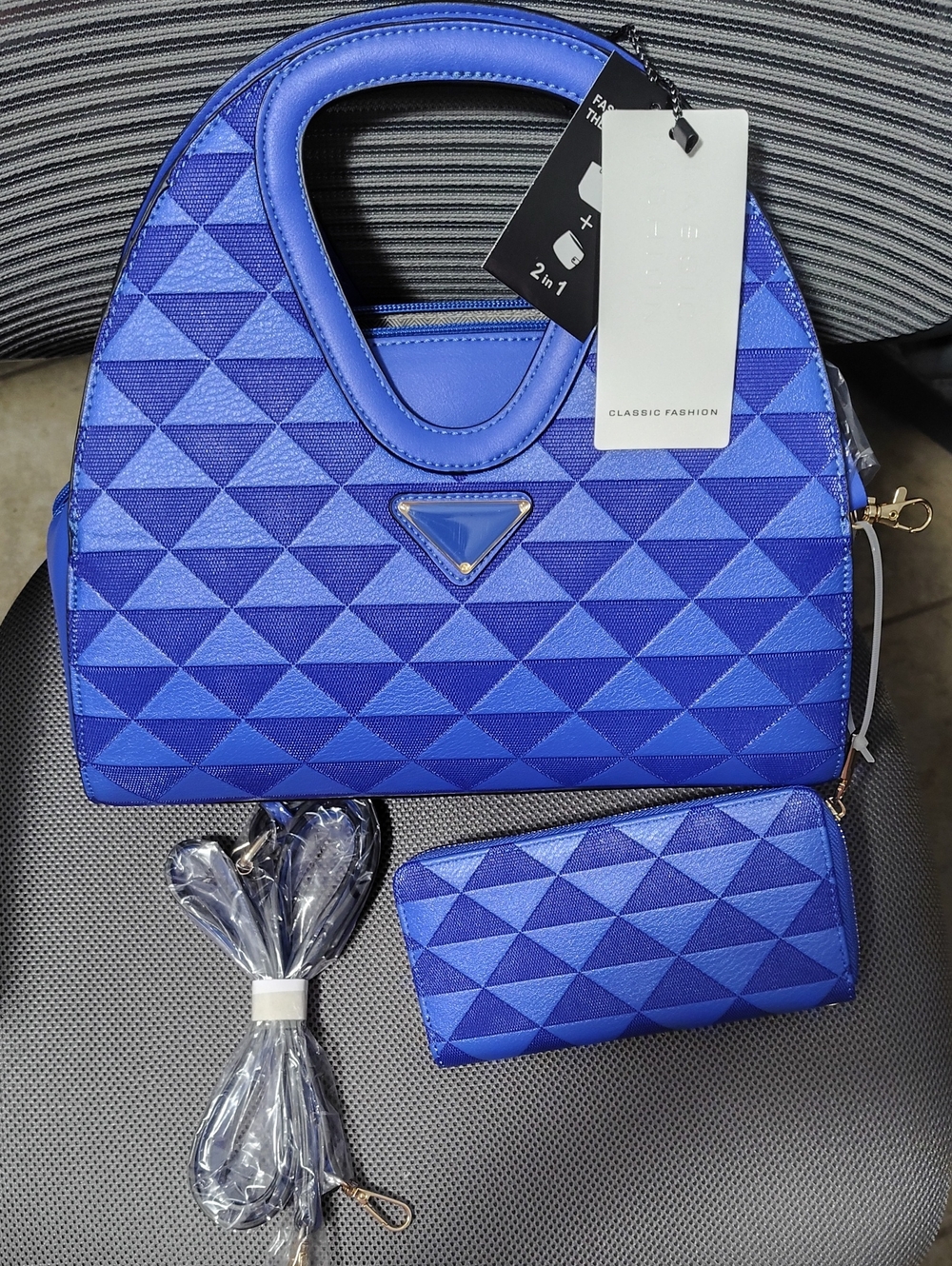 Classic Blue Geometric Tote Handbag with Matching Wallet And Crossbody Strap